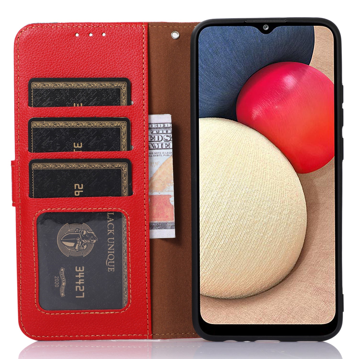 Uniqkart Mobile Phone Case for iPhone 14 RFID Blocking Litchi Texture Stand Leather Shell Wallet Phone Cover - Red Uniqkart Mobile Phone Case for iPhone 14 RFID Blocking Litchi Texture Stand Leather Shell Wallet Phone Cover - Red